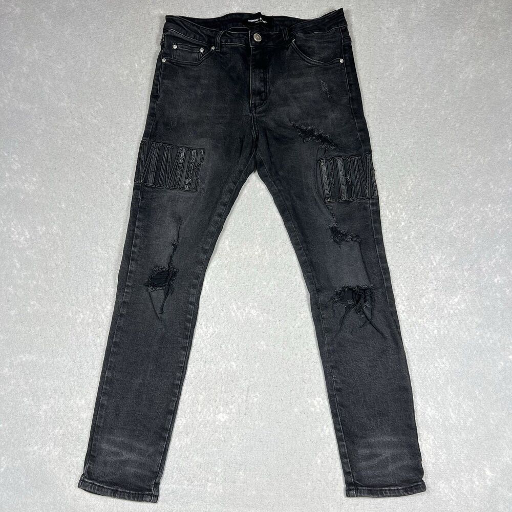 Homme & Femme Jeans Men 32x29 Skinny Black Denim Embroidered Spellout Streetwear